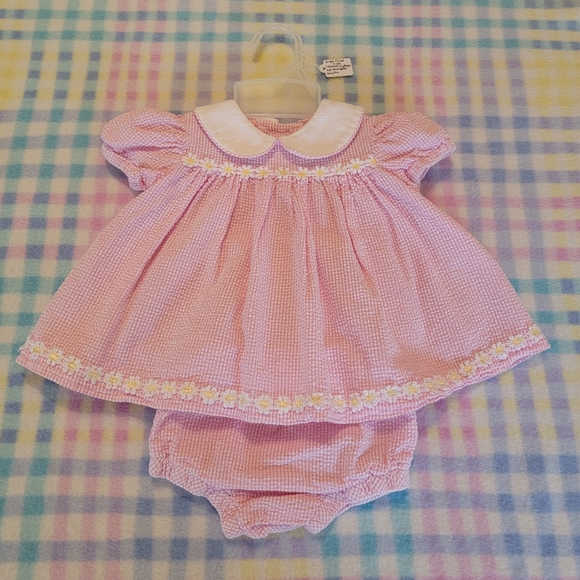 BRIGHT FUTURE ♡ Vintage 2pc Pink|White Daisy Floral Seersucker Dress Outfit 0-3M - Picture 4 of 15